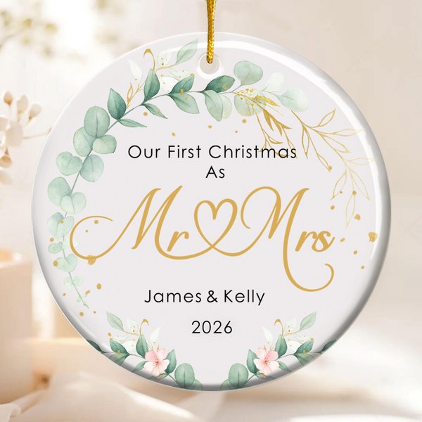 Personalised Our First Christmas As Mr and Mrs Ceramic Ornament with Name and Year Christmas Gift for Couples