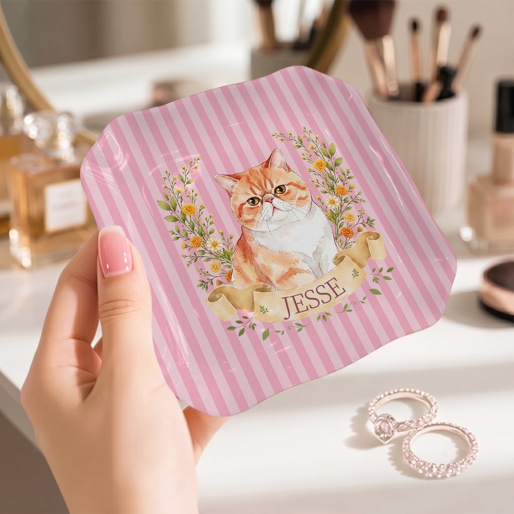 Personalised Watercolor Striped Birth Flower Pet Photo Ceramic Trinket Jewellery Dish with Name Daily Use Birthday Anniversary Gift for Pet Owner 5