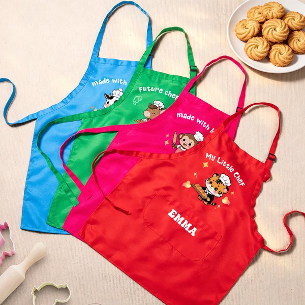 Personalized Cute Cow Dog Animal Chef Adjustable Kid Apron Chef Hat Set with Pocket Name and Title Baking Back to School Birthday Gift for Boys Girls
