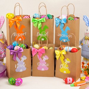 Sacchetti regalo personalizzati in carta kraft riutilizzabili per Pasqua, con grazioso coniglietto e fiocco, con nome, per la festa di Pasqua e le festività, regalo per bambini e bambine