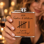 Personalised Minimalist Vintage Tally Mark 6 oz Stainless Steel Liquor Hip Flask with PU Leather Cover Text and Year Anniversary Gift for Couple