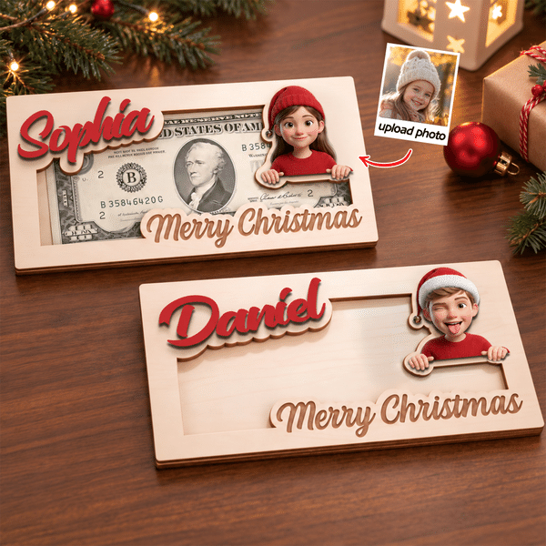 Personalized Christmas Theme Cartoon Character Photo Wood Cash Money Holder with Name Christmas Gift for Kids