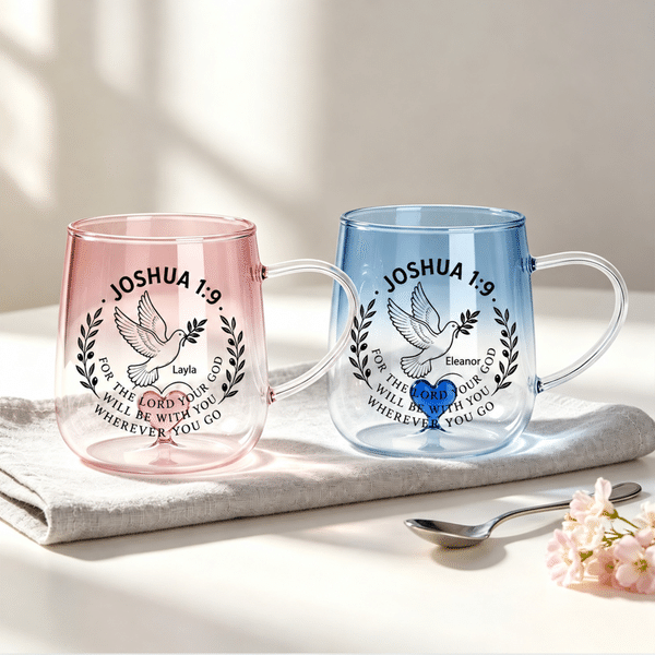Personalised Joshua 1:9 Peace Dove Gradient Glass Mug with Name and 3D Heart Ornament Baptism Religious Birthday Gift for Christian