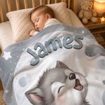 Personalized Moon Nebula Wolf Pup Soft Throw Blanket with Name Home Decor Baby Shower Birthday Gift for Newborn Parent