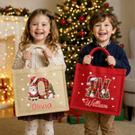Personalized Christmas Hat Snowman Initial Large Capacity Linen Tote Bag with Name Christmas Party Gift for Family Friends Kids