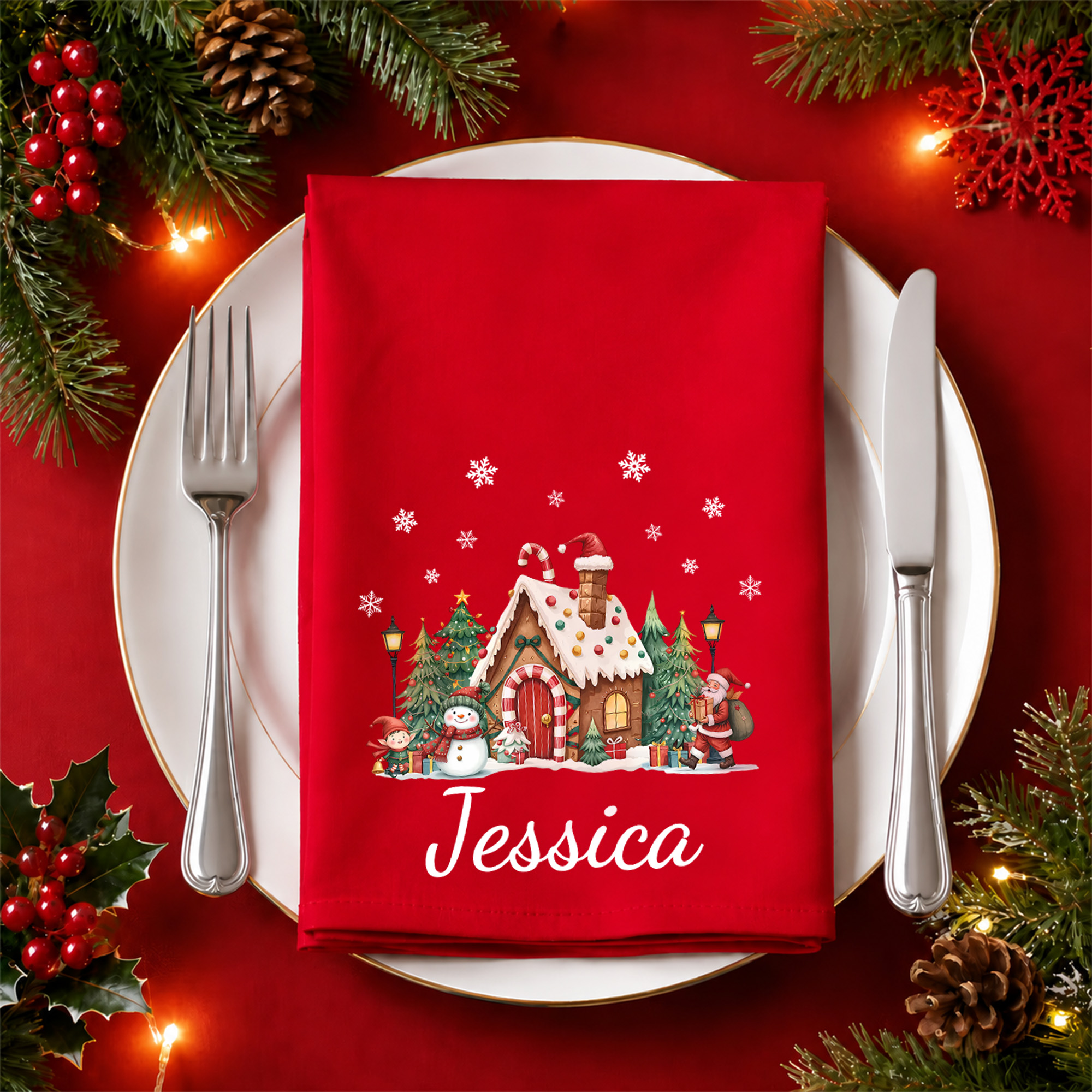 Individuell gestaltete Serviette mit Weihnachtsmotiv aus 100 % Baumwolle, wiederverwendbar, rot, mit Namen – Tischdekoration, Weihnachtsgeschenk für Familie und Freunde