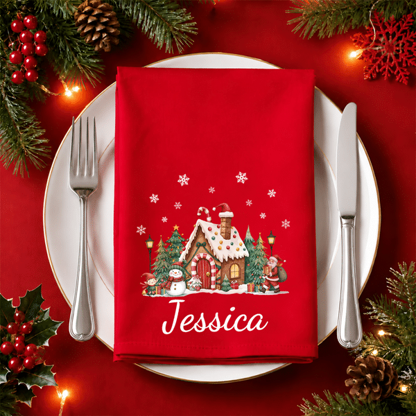 Personalized Christmas Theme Pattern 100% Cotton Reusable Red Napkin with Name Table Decor Christmas Gift for Family Friend