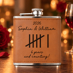 Personalised Minimalist Vintage Tally Mark 6 oz Stainless Steel Liquor Hip Flask with PU Leather Cover Text and Year Anniversary Gift for Couple