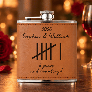 Personalized Minimalist Vintage Tally Mark 6 oz Stainless Steel Liquor Hip Flask with PU Leather Cover Text and Year Anniversary Gift for Couple
