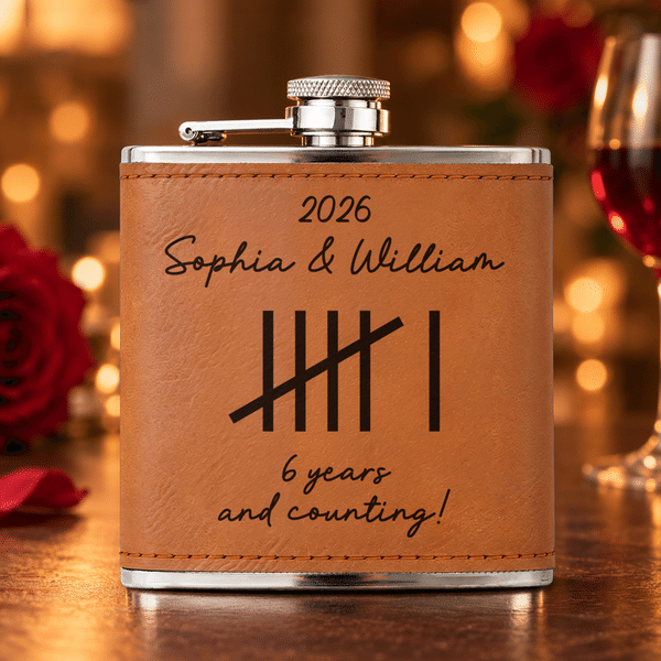 Personalised Minimalist Vintage Tally Mark 6 oz Stainless Steel Liquor Hip Flask with PU Leather Cover Text and Year Anniversary Gift for Couple