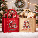 Personalized Christmas Hat Snowman Initial Large Capacity Linen Tote Bag with Name Christmas Party Gift for Family Friends Kids