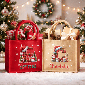 Bolso de lino de gran capacidad con gorro de Navidad personalizado, inicial de un muñeco de nieve y nombre; regalo para fiestas navideñas para la familia, los amigos y los niños