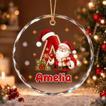 Gepersonaliseerde glazen kerstbal in 3D-stijl met cartoon-kerstman, initiaal, hulst en sneeuwvlok, met naam – boomversiering, kerstcadeau voor kinderen, familie en vrienden
