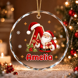 Gepersonaliseerde glazen kerstbal in 3D-stijl met cartoon-kerstman, initiaal, hulst en sneeuwvlok, met naam – boomversiering, kerstcadeau voor kinderen, familie en vrienden