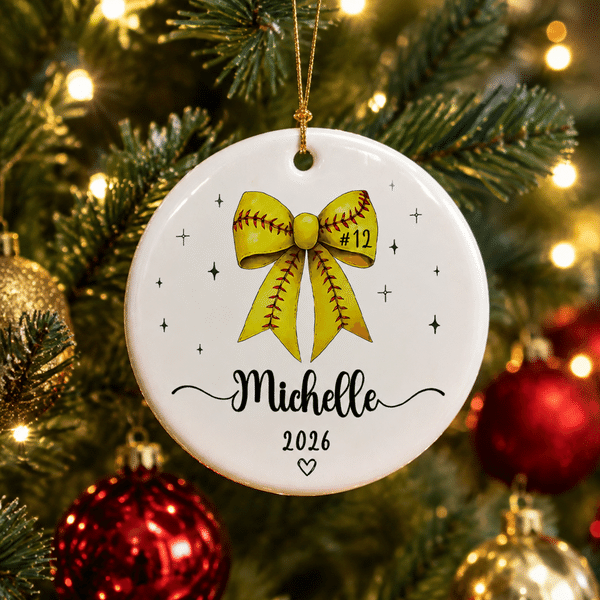 Personalized Softball Number Bow Ceramic Christmas Ornament with Name and Year Home Decor Christmas Sports Gift for Softball Lovers