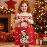 Grand sac fourre-tout en jute personnalisé avec photo d'un personnage de dessin animé portant un bonnet de Noël peint à l'aquarelle et son prénom – Cadeau de fête de Noël pour enfants