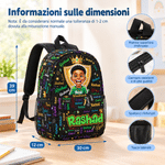 Zaino per bambini personalizzato, con nome, foto in stile cartone animato e nuvola di parole - Regalo per il rientro a scuola per bambini e bambine