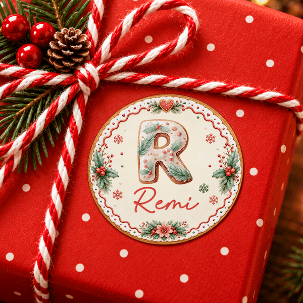 Personalized Festive Gingerbread Initial Christmas Stickers with Name Gift Decor Christmas Gift for Kids Friends