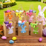 Personalized Cute Bow Bunny Kids Easter Reusable Kraft Paper Gift Bags with Name Easter Party Holiday Gift for Boys Girls