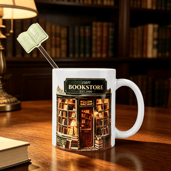 Personalized 3D-Effect Art Bookstore 11 oz 15 oz Ceramic Mug with Name Year and Book Shaped Drink Stirrer Birthday Christmas Gift for Book Lovers
