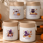 Individuell gestalteter Süßigkeitenkorb mit Fledermaus-, Kürbis- und Katzenmotiv sowie Namenszug – Halloween-Geschenk für Kinder und Jugendliche zum „Süßes oder Saures“-Spielen