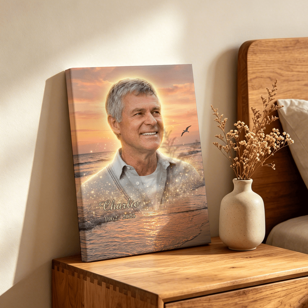 Gepersonaliseerd fotodoek Ochtendlicht, Zonsondergang en De sterrenhemel met naam - woondecoratie, herdenkingscadeau voor familie en vrienden 4