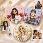 Personalised Birth Flower 3D-Style Character Artwork PU Makeup Mirror with Name Anniversary Birthday Gift for Women