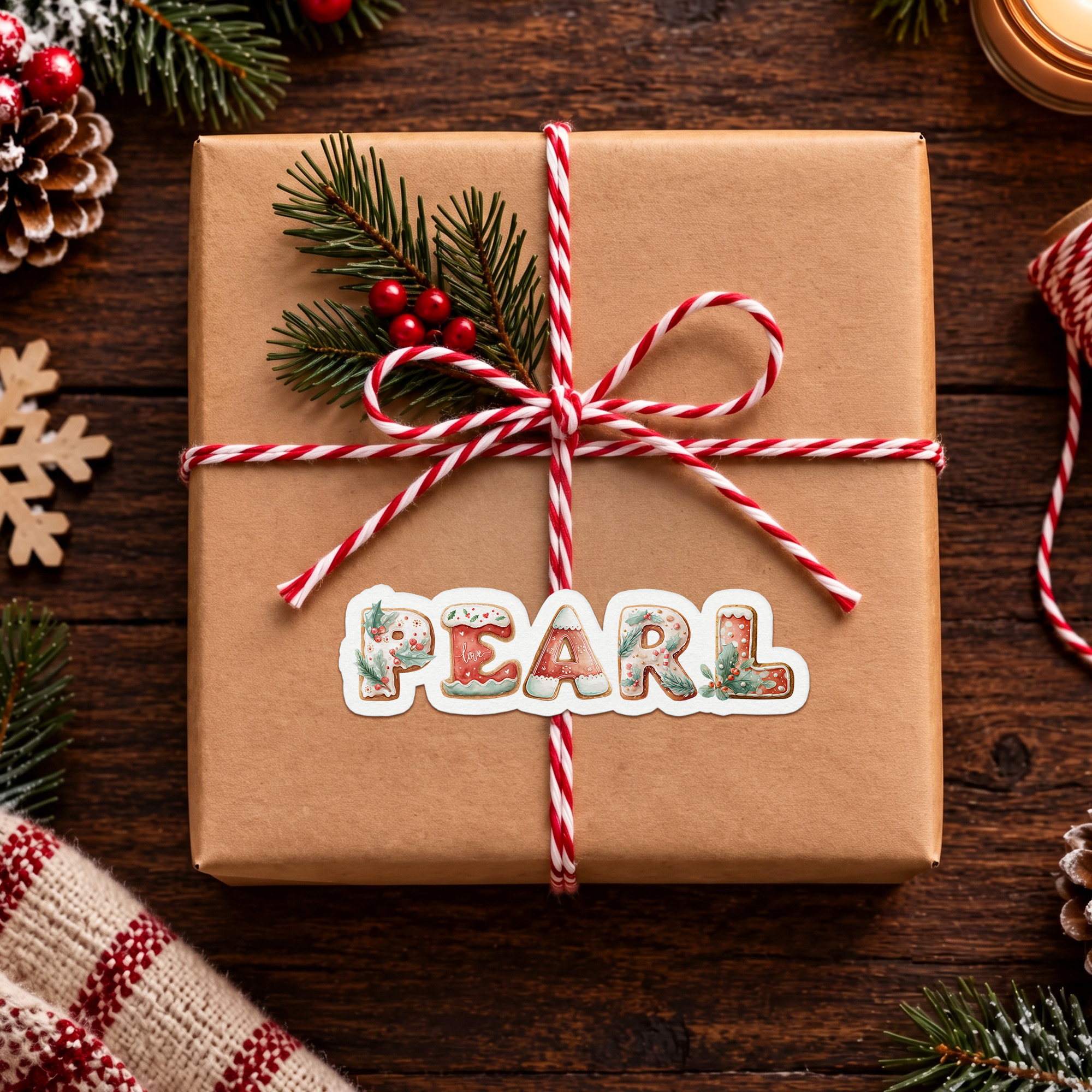 Individuell gestaltete Aufkleber mit Lebkuchen-Buchstaben und Namen – Geschenkdekoration für Weihnachtsfeiern, als Geschenk für Kinder, Familie und Freunde