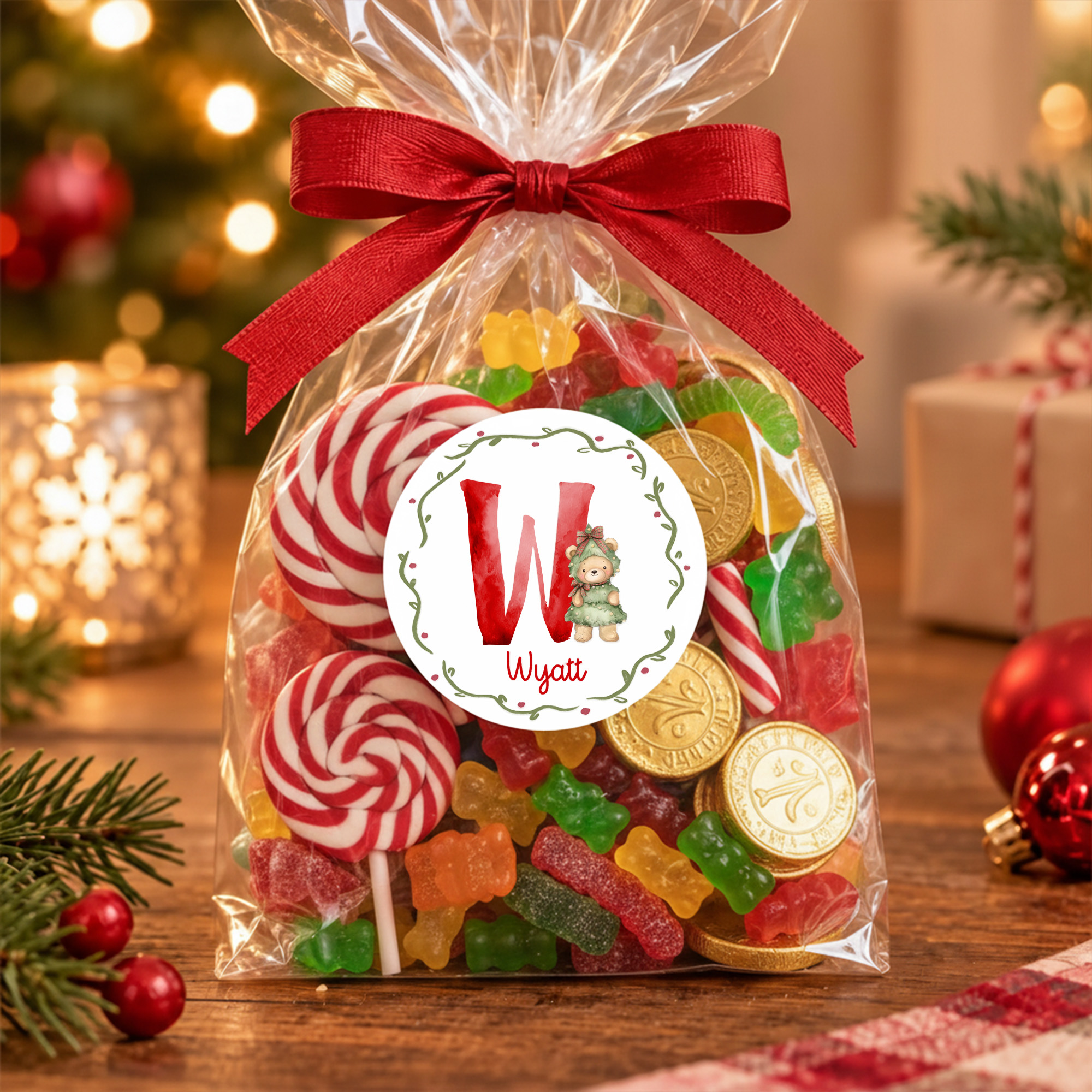 Personalisierte, wasserfeste Weihnachtsbären-Aufkleber mit Namen und Initialen – Festliches Weihnachtsgeschenk für Kinder