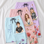 Pantalon de pyjama doux personnalisé, avec photo aquarelle de la fleur de naissance dans un style bande dessinée et prénom, pour la maison – Cadeau d’anniversaire pour femmes et hommes
