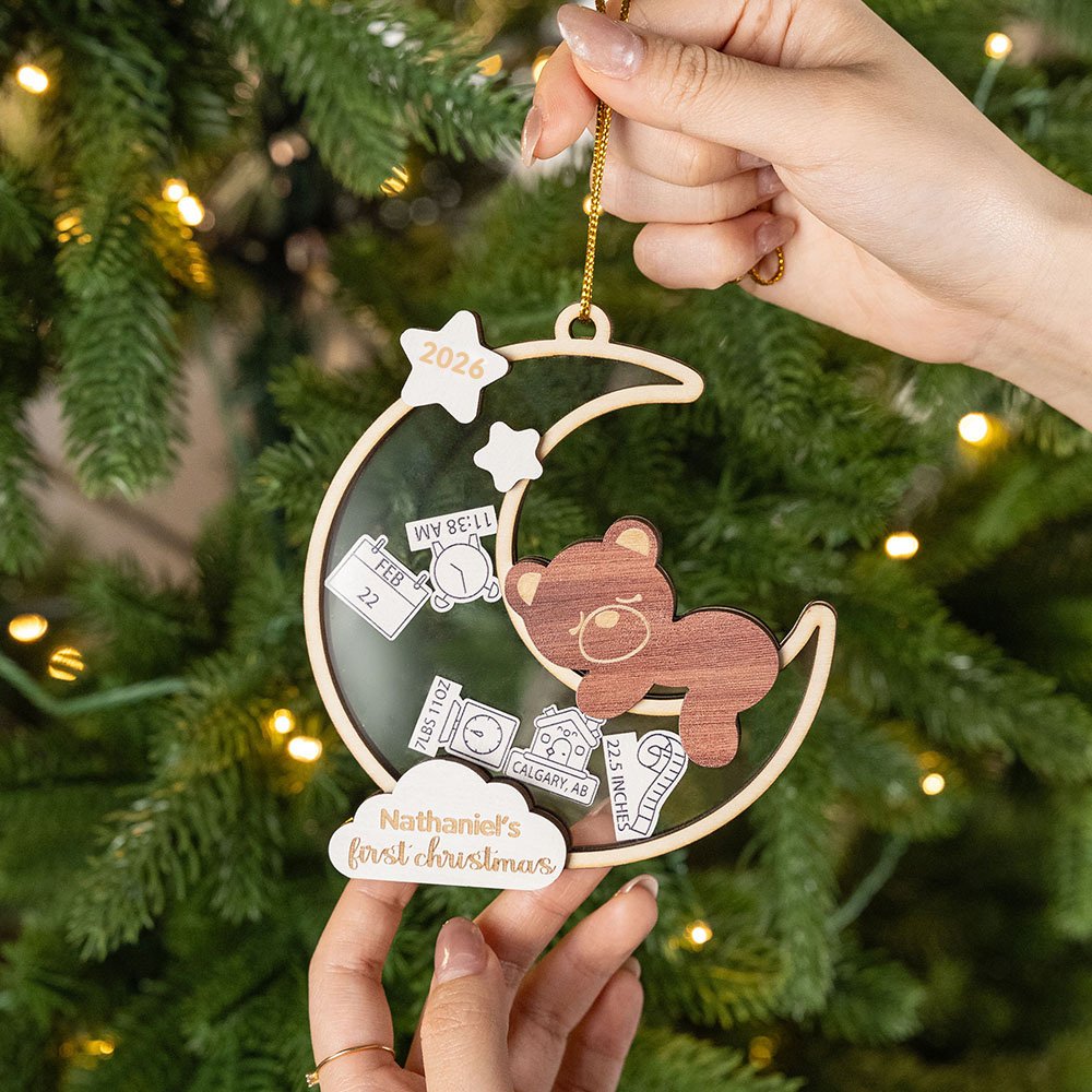 Adorno navideño personalizado con el nombre del bebé Oso agitador de la luna Decoración de la habitación Regalo de Navidad para niña Niño Padres 7