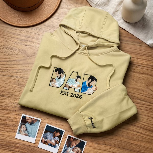 Personalised Sketch Style Faceless Portrait Dad T-shirt Sweatshirt Hoodie with Embroidered Name and Year Father's Day Birthday Gift for Dad Grandad