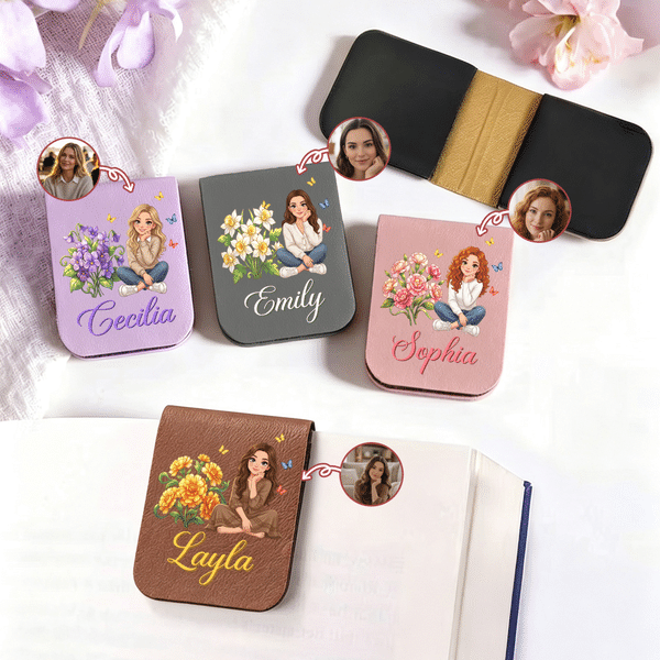 Personalised Butterfly Birth Flower Hand-Drawn Cartoon Photo Magnetic PU Leather Bookmark Clip with Name Birthday Gift for Book Lovers Women