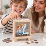 Personalized Cartoon Kid Character Photo Wooden Money Box Piggy Bank with Name and Initial Desk Decor Birthday Gift for Kid