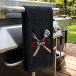 Personalised Embroidered BBQ Theme Fork Shovel 100% Cotton Towel with Name Birthday Housewarming Gift for Grill Masters Cooking Lovers