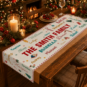 Gepersonaliseerde, kleurrijke tafelloper met woordwolk en kerstthema, met 1-20 namen – tafeldecoratie en kerstcadeau voor familie en vrienden