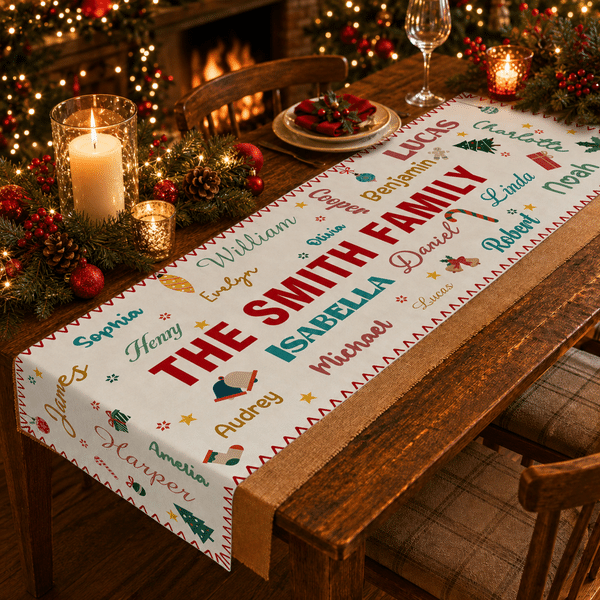 Personalized Colorful Christmas Elements Word Cloud Table Runner with 1-20 Names Table Decor Christmas Party Gift for Family Friends