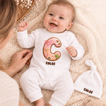 Personalized Sweet Western Cowgirl Initial Cactus Star Horseshoe 100% Cotton Baby Romper Hat Set with Name Baby Shower Birthday Gift for Baby Newborn