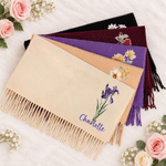 Personalised Watercolor Birth Flower Soft Warm Tassel Scarf with Name Winter Accessory Anniversary Birthday Gift for Family Friends