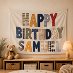 Individuell gestaltetes, farbenfrohes Retro-Patchwork-Banner mit Karomuster, Polka-Dots und Streifen zum Thema „Happy Birthday“ – als Hintergrunddekoration für Kindergeburtstage
