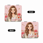 Personalised Birth Flower 3D-Style Character Artwork PU Makeup Mirror with Name Anniversary Birthday Gift for Women