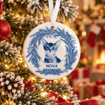 Gepersonaliseerd kransvormig keramisch ornament met hartvorm, aquarelafbeelding van huisdier en naam – kerstdecoratie voor aan de boom, kerstcadeau voor eigenaren en liefhebbers van huisdieren