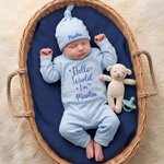 Personalized Embroidered Hello World 100% Cotton Soft Baby Romper Hat Foot Sleeve Blanket Set with Name Baby Shower Gift for Newborns New Parents