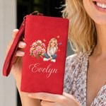 Personalized Birth Flower Cartoon Character Photo PU Leather Tri-Fold Wallet with Name and Wrist Strap Birthday Anniversary Gift for Women
