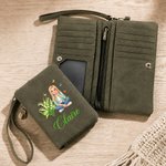 Personalized Birth Flower Cartoon Character Photo PU Leather Tri-Fold Wallet with Name and Wrist Strap Birthday Anniversary Gift for Women