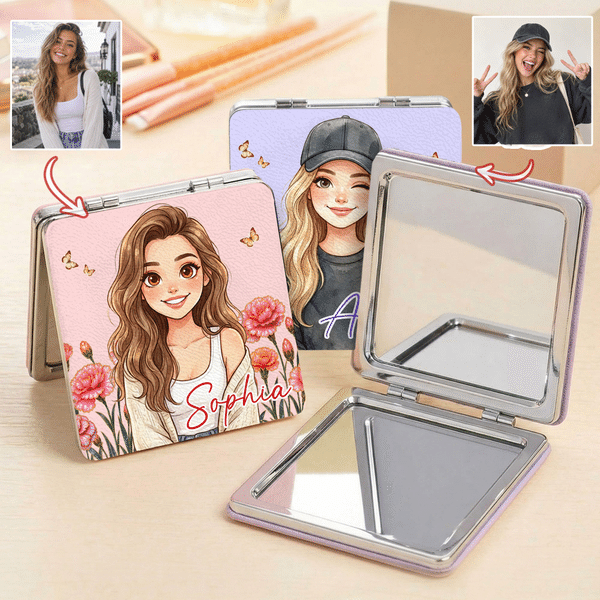 Personalised Birth Flower 3D-Style Character Artwork PU Makeup Mirror with Name Anniversary Birthday Gift for Women
