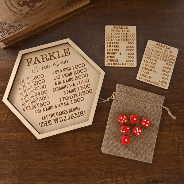 Personalized Farkle Dice Game Tray with Bag Wooden Reference Cards and Dice Holder Birthday Family Game Night Christmas Gift for Farkle Dice Lover