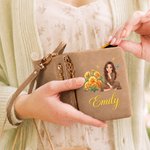 Personalized Birth Flower Cartoon Character Photo PU Leather Tri-Fold Wallet with Name and Wrist Strap Birthday Anniversary Gift for Women