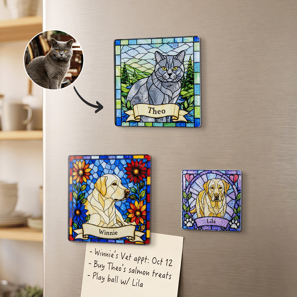Personalised Stained Glass Style Pet Photo Glitter Fridge Magnet with Name Home Decor Birthday Housewarming Anniversary Gift for Pet Owner Friend
