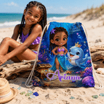 Personalised Sea Animals Cartoon Character Photo Quick Dry Oversized Beach Towel with Drawstring Bag and Name Beach Party Birthday Gift for Child